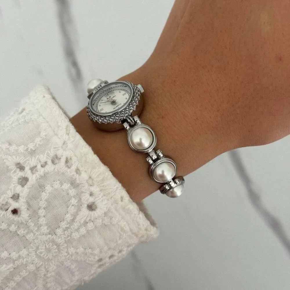SKU:0121 cute vintage style silver mini watch bracelet with white‎ pearls